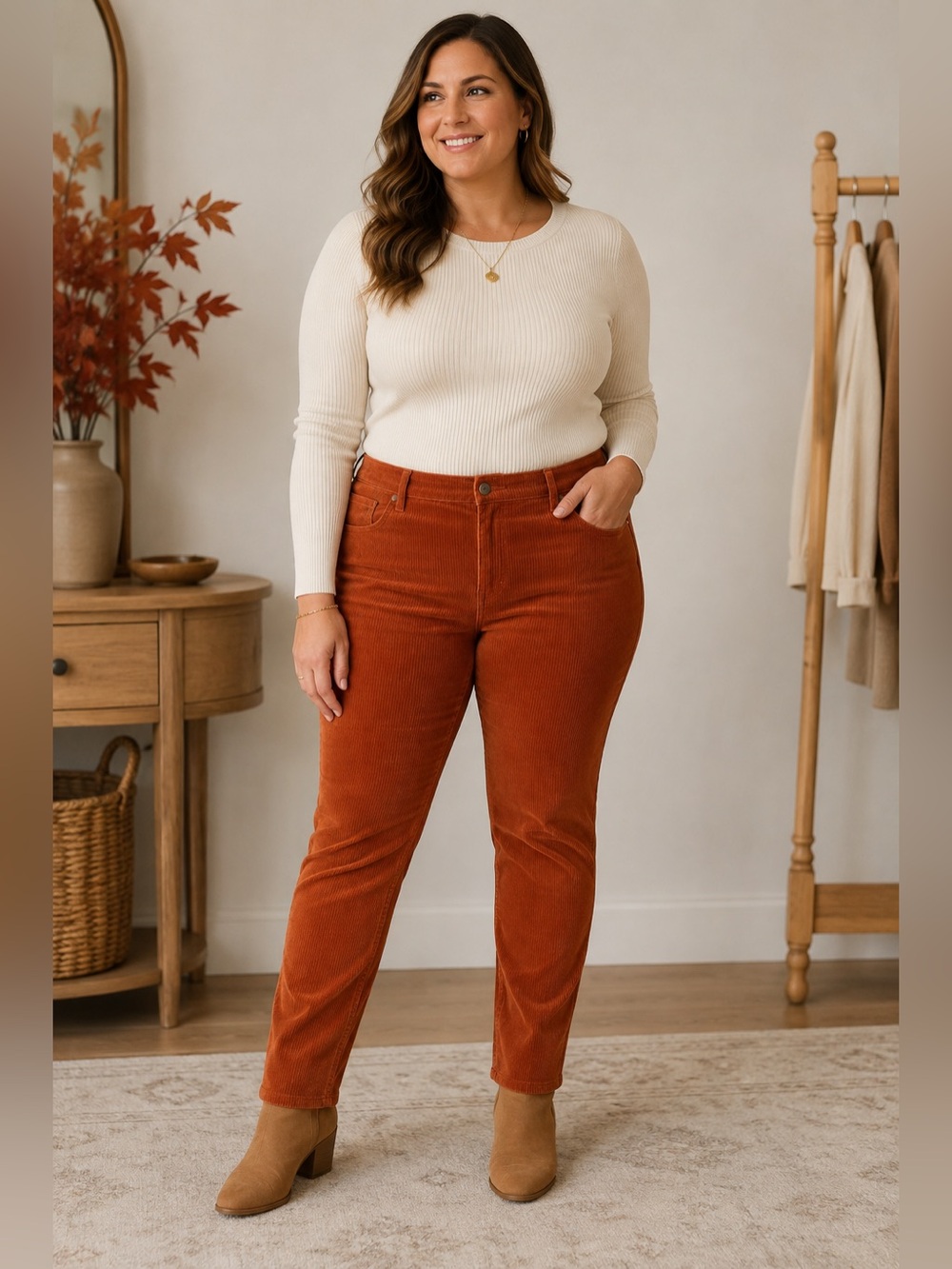 Gloria Vanderbilt Amanda Slim Corduroy Pants Burnt Orange 14 Short NWT